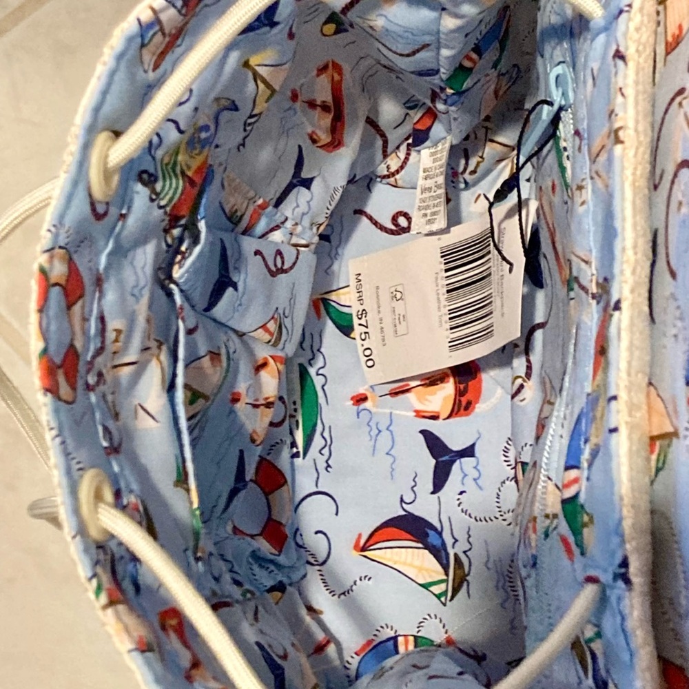 Vera Bradley Cream Striped Canvas Backpack with Navy Anchor Embroidery - Picture 12 of 16